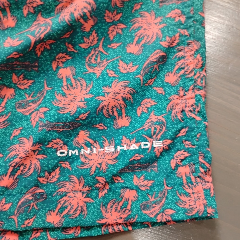 Columbia PFG Swim Trunks Mens XL Green Pink Palms AOP Elastic Waist Lined Tie 8" - Picture 5 of 10
